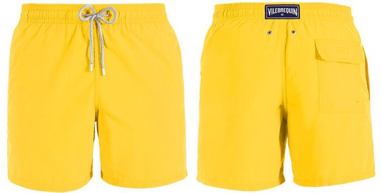 Maillot de bain pour hommes Vilebrequin 2017, modèle "Moorea", coloris jaune, poches sur les côtés, poche arrière avec rabat, ceinture élastique et cordon.