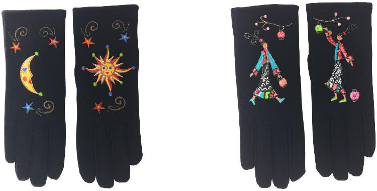 Le soleil a rendez-vous avec la lune et la japonaise au pays du soleil levant sont illustrés sur des gants peints à la main en France