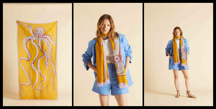 Foulard paréo, en coton, Inouitoosh, Inoui-Editions, le poulpe ou la pieuvre, en jaune 