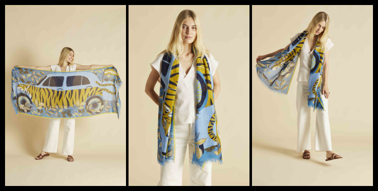Foulard paréo, en coton, Inouitoosh, Inoui-Editions, la voiture tigre, en bleu