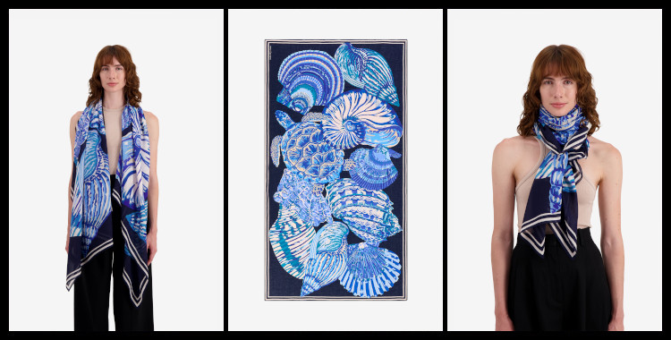 foulard paréo en coton imprimé, les Galapagos, ses tortues géantes et ses coquillages, en bleu