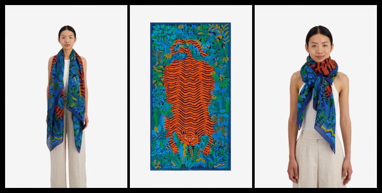 foulard paréo en coton, le tigre peau de bête dans la jungle, en orange et bleu