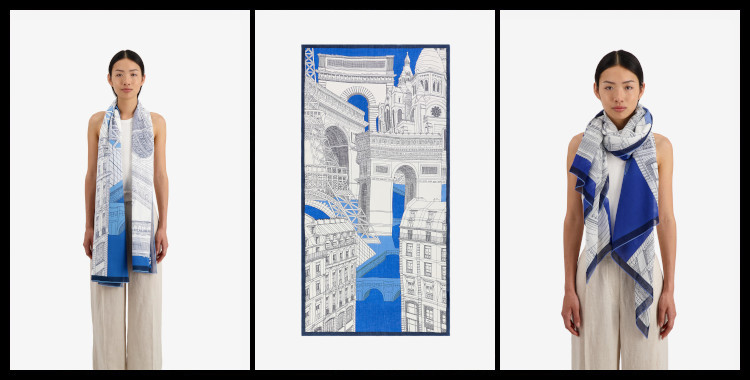 foulard paréo, ville de Paris, Tour Eiffel, Notre Dame, le Pont Neuf, l'Arc de Triomphe,..., en bleu et blanc