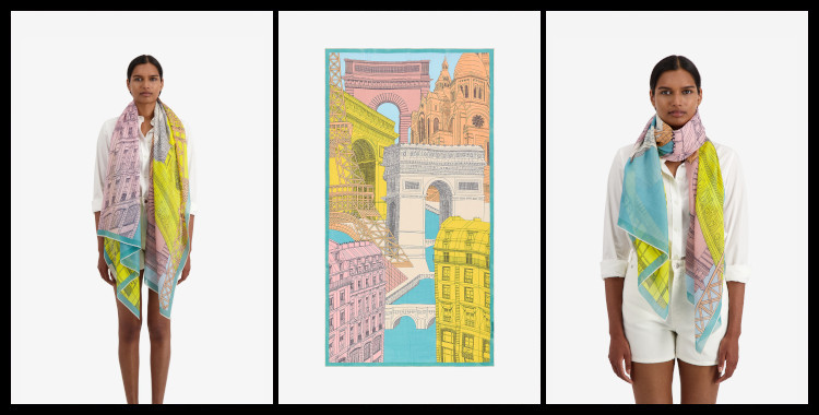 foulard coton imprimé, Paris et ses illustres monuments, en turquoise