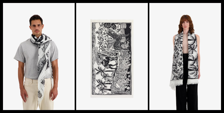 foulard paréo en lin et coton, Le Poulpe et Le Dromadaire, Inoui-Éditions, en noir et blanc