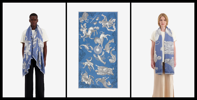 foulard paréo astrologie Inoui-Éditions, les signes du zodiaque et le soleil, en bleu jean