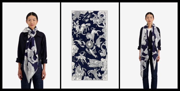 foulard paréo Inoui-Éditions, astrologie, les signes du zodiaque et le soleil, en bleu marine