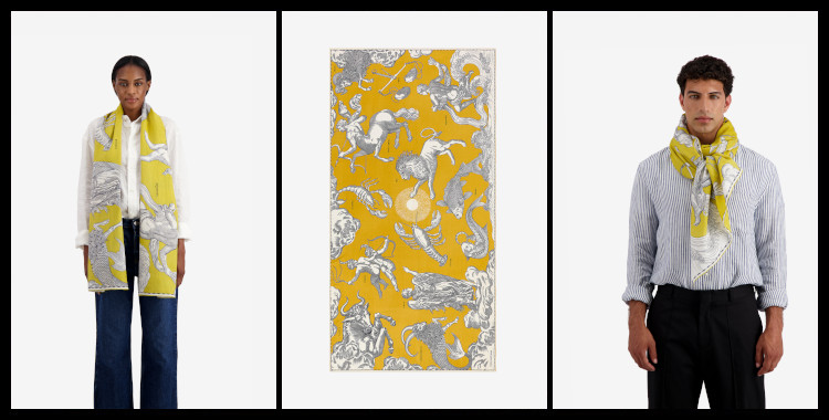 foulard paréo astrologie Inoui-Éditions, les signes du zodiaque et le soleil, en jaune