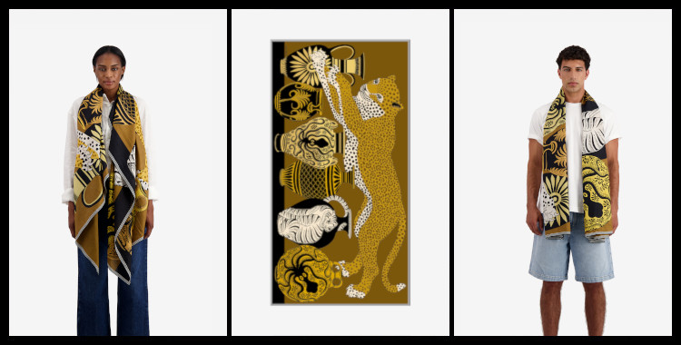 foulard paréo Mykonos Inoui-Éditions, le fauve et les vases antiques, en jaune mordoré