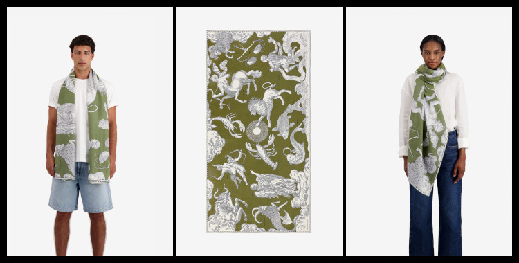 foulard paréo astrologie Inoui-Éditions, les signes du zodiaque et le soleil, en kaki