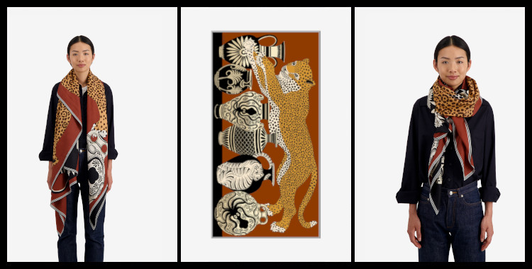 foulard paréo Mykonos Inoui-Éditions, le fauve et les vases antiques, en rouge terracotta