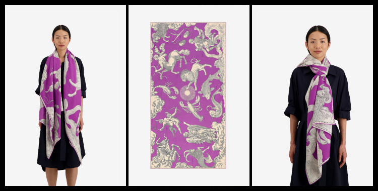 foulard paréo inoui éditions en coton et soie, représente les signes du zodiaque, en violet