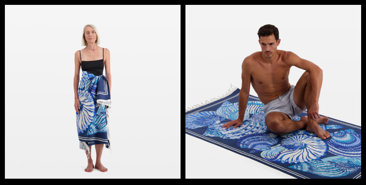 fouta inoui, en coton, Galapagos, tortues géantes, coquillages, en bleu