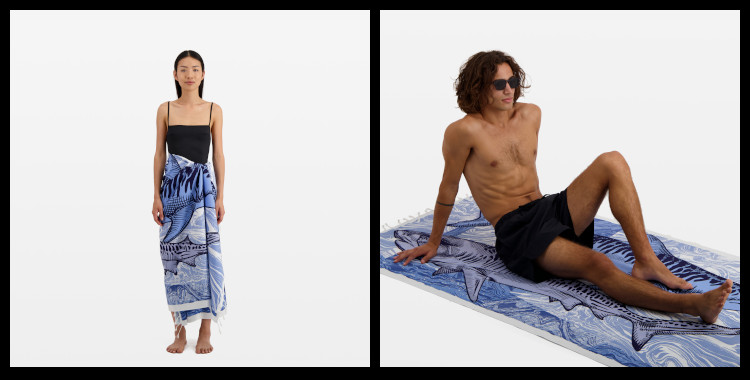 fouta inoui, en coton, les requins, en bleu