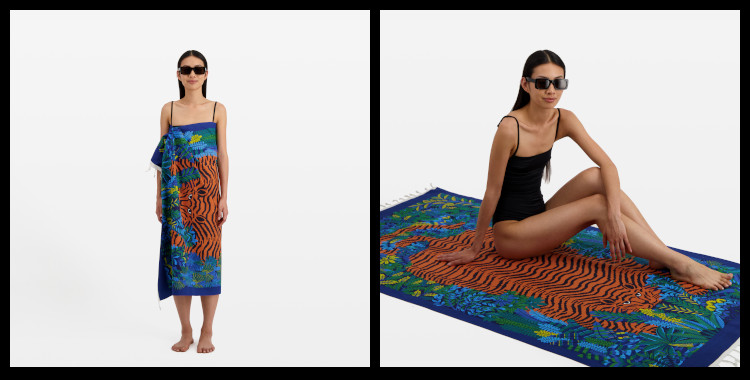 fouta inoui, en coton, le tigre peau de bête, en bleu et orange