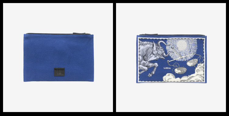 Pochette Brodée Inoui Éditions, en coton, Les Signes du Zodiaques, Astrologie ; La Balance.           Dimensions : 27 x 19 cm.