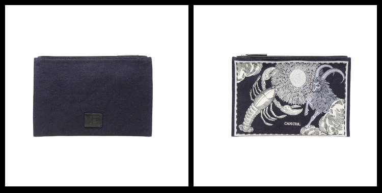 Pochette Brodée Inoui Éditions, en coton, Les Signes du Zodiaques, Astrologie ; Le Cancer.           Dimensions : 27 x 19 cm.