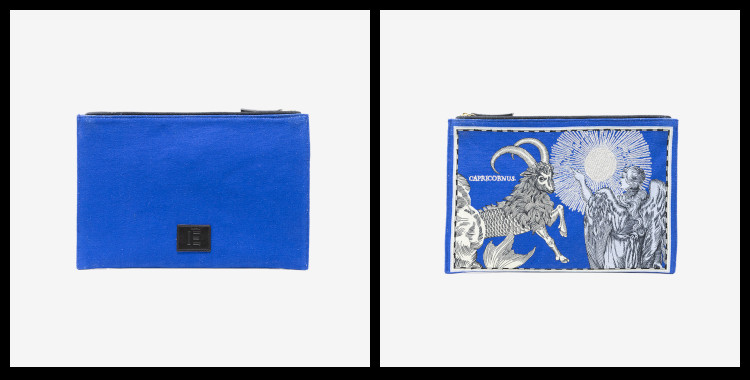 Pochette Brodée Inoui Éditions, en coton, Les Signes du Zodiaques, Astrologie ; Le Capricorne.           Dimensions : 27 x 19 cm.