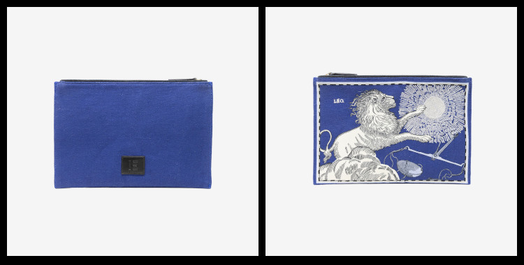 Pochette Brodée Inoui Éditions, en coton, Les Signes du Zodiaques, Astrologie ; Le Lion.           Dimensions : 27 x 19 cm.