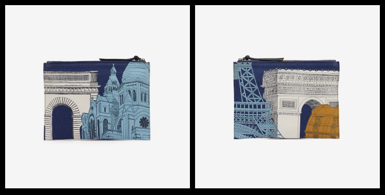 Pochette, en coton Inoui Éditions, Les Monuments de Paris.                                                          Dimensions : 27 x 19 cm.