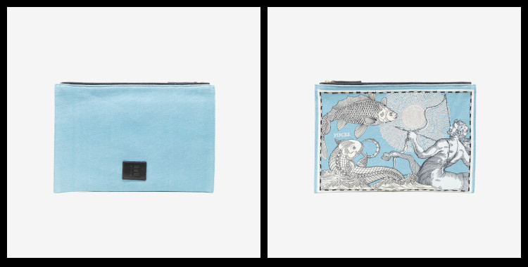 Pochette Brodée Inoui Éditions, en coton, Les Signes du Zodiaques, Astrologie ; Les Poissons.           Dimensions : 27 x 19 cm.