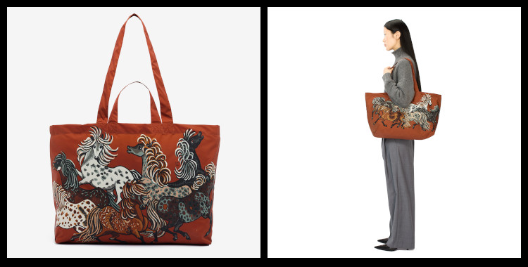 Sac de Courses Maxi Shopper, Inoui Éditions, en Polyester, Western, Les Chevaux, en rouge.                                              Dimensions : 242 x 34 x 16 cm.