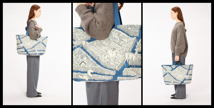 Sac de Courses Maxi Shopper, Inoui Éditions, en Polyester, Western, le plan Turgot Paris, en bleu.                                              Dimensions : 242 x 34 x 16 cm.