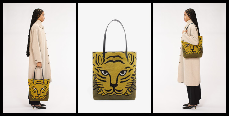 Sac Street Bag Inoui Éditions, en Coton et Cuir, Baldo, Le Tigre, en Kaki.                                              Dimensions : 38 x 37 x 9 cm.
