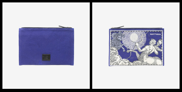 Pochette Brodée Inoui Éditions, en coton, Les Signes du Zodiaques, Astrologie ; Le Sagittaire.           Dimensions : 27 x 19 cm.