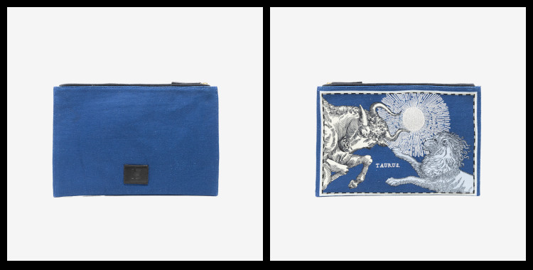 Pochette Brodée Inoui Éditions, en coton, Les Signes du Zodiaques, Astrologie ; Le Taureau.           Dimensions : 27 x 19 cm.