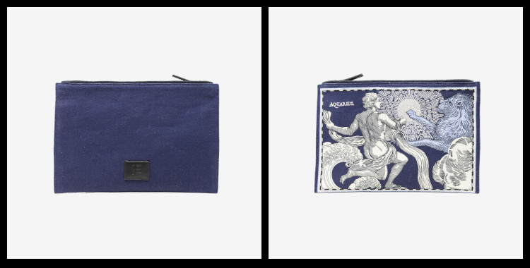 Pochette Brodée Inoui Éditions, en coton, Les Signes du Zodiaques, Astrologie ; Le Verseau.           Dimensions : 27 x 19 cm.