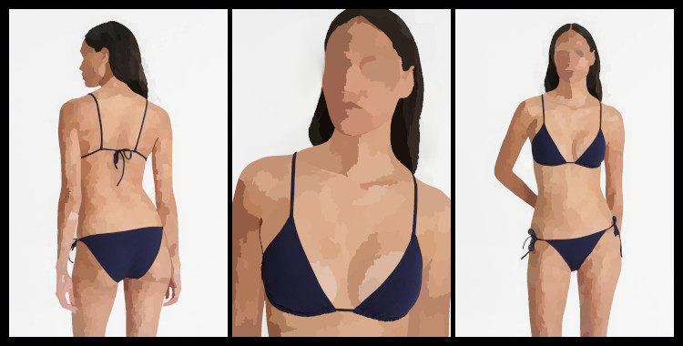 Maillot de bain Eres, bikini, soutien gorge triangle coulissant Mouna, culotte échancrée, ficelles nouées sur les côtés Malou, en coloris bleu marine, Nautique.
