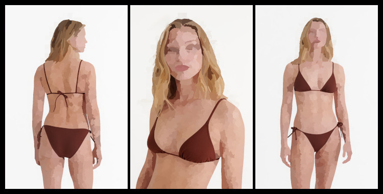 Maillot de bain Eres, bikini, soutien gorge triangle coulissant Mouna, culotte échancrée, ficelles nouées sur les côtés Malou, en coloris marron Tortue.
