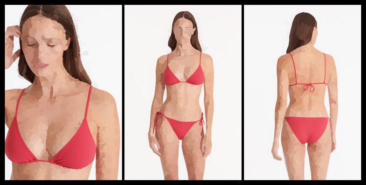 Maillot de bain Eres, bikini, soutien gorge triangle coulissant Mouna, culotte échancrée, ficelles nouées sur les côtés Malou, en coloris rouge corail
