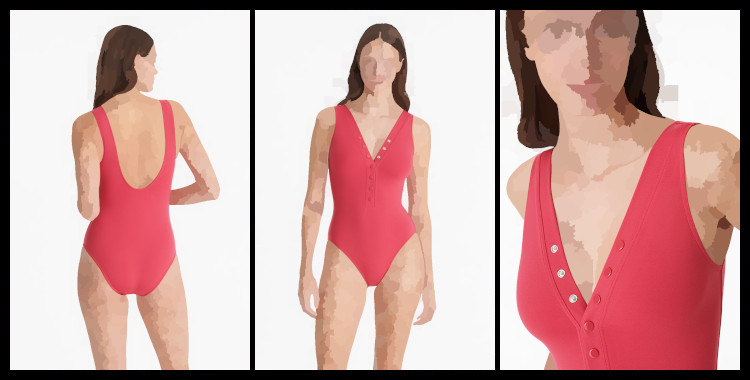 Maillot une pièce, Icone, de la marque Eres, en rose corail, bretelles larges, grand décolleté V plongeant réglable grâce à des boutons pression.