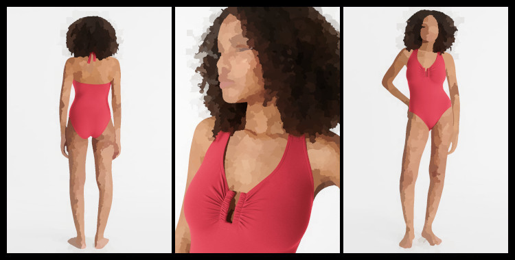 Maillot une pièce, Legendaire, de la marque Eres, en rouge Corail, bretelles attachées derrière le cou, décolleté poitrine avec armature centrale ouverte et incurvée.