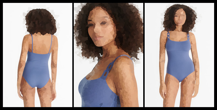 Maillot une pièce, Côtier, de la marque Eres, en bleu sirène, bretelles sur les épaules, décorées de trois anneaux, surpiqués de blanc, décolleté poitrine droit avec une couture sous poitrine.