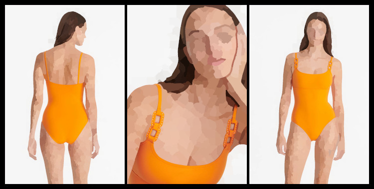 Maillot une pièce, Côtier, de la marque Eres, en orange kumquat, bretelles sur les épaules, décorées de trois anneaux, surpiqués de blanc, décolleté poitrine droit avec une couture sous poitrine.