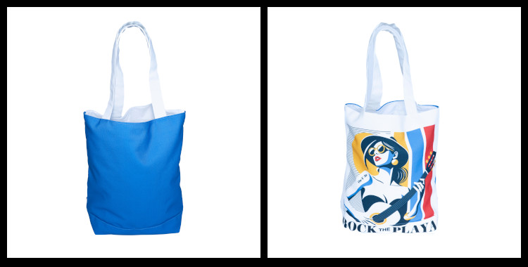 Sac cabas, carrier bag "Rock The Playa" de la marque marseillaise On-U-In, fabriqué en France, 100% coton. Le thème Rock The Playa représente une chanteuse, guitariste, tatouée du nom de la marque marseillaise On-U-In sur le bras.