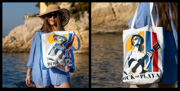 Sac cabas, carrier bag "Rock The Playa" de la marque marseillaise On-U-In, fabriqué en France, 100% coton. Le thème Rock The Playa représente une chanteuse, guitariste, tatouée du nom de la marque marseillaise On-U-In sur le bras. Photo prise dans l'anse de Malmousque à Marseille.