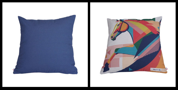 Coussin "La Chevauchée" de la marque marseillaise On-U-In, fabriqué en France, 100% coton. Le thème la chevauchée représente un cheval au galop, stylisé . La photo montre les deux faces, le recto et le verso du coussin.