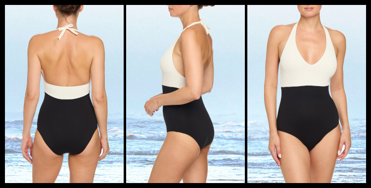 Maillot de bain, Dnud, une pièce, décolleté en V, style rétro, bicolore blanc et noir, attaches derrière le cou.