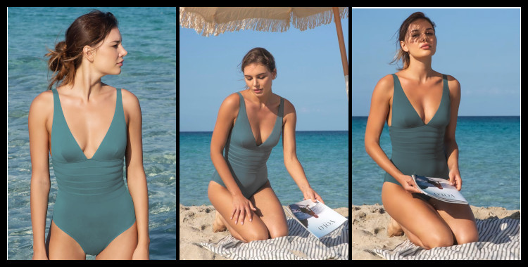 Maillot de bain de la marque Dnud, modèle une pièce, décolleté poitrine en V, en coloris bleu Pierre, bretelles sur les épaules, coutures graphiques sur le ventre.