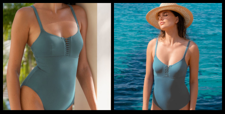 Maillots de bain une pièce de la marque Dnud, décolleté droit, bretelles réglables sur les épaules, en coloris bleu Pierre. Ce modèle permet un grand maintien pour les poitrines profondes. Photo prise sur fond blanc.