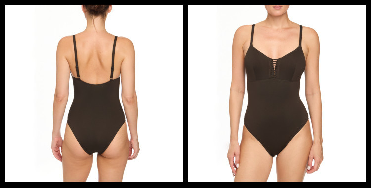 Maillots de bain une pièce de la marque Dnud, décolleté droit, bretelles réglables sur les épaules, en coloris marron Choco. Ce modèle permet un grand maintien pour les poitrines profondes. Photo prise sur fond blanc.