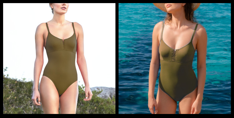Maillots de bain une pièce de la marque Dnud, décolleté droit, bretelles réglables sur les épaules, en coloris Vermeil. Ce modèle permet un grand maintien pour les poitrines profondes. Photo prise sur fond de plage, la mer et les vagues.