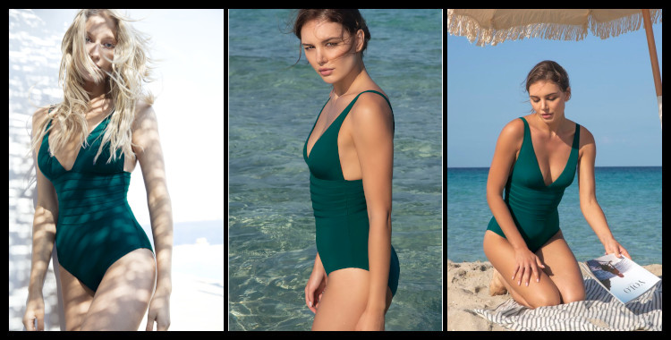 Maillot de bain de la marque Dnud, modèle une pièce, décolleté poitrine en V, en coloris bleu zénith, bretelles sur les épaules, coutures graphiques sur le ventre.