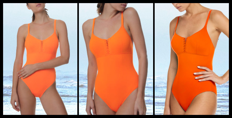 Maillots de bain une pièce de la marque Dnud, décolleté droit, bretelles réglables sur les épaules, en coloris orange Acapulco. Ce modèle permet un grand maintien pour les poitrines profondes. Photo prise sur fond de plage, la mer et les vagues.