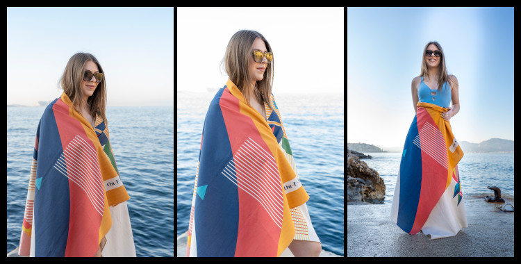 Fouta "La Chevauchée" de la marque marseillaise On-U-In, fabriqué en France, 100% coton. Le thème La Chevauchée évoque un cheval au galop.
