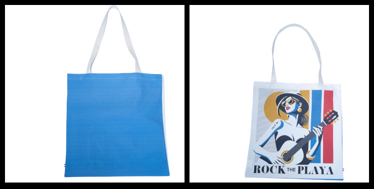 Le tote bag ou sac fourre-tout "Rock the Playa" de la marque marseillaise On-U-In, fabriqué en France, 100% coton. Le thème Rock the Playa évoque une chanteuse guitariste. Photo prise des deux côté, recto et verso.
